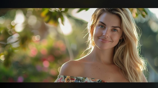 a woman with a flowered top and a sun behind her