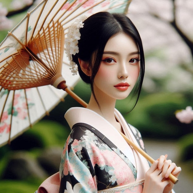 a woman with a flowered umbrella and a japanese style umbrella