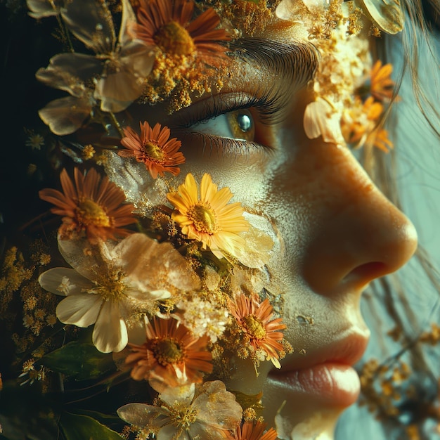 Photo a woman with flowers around her face and the face is wearing a flower crown