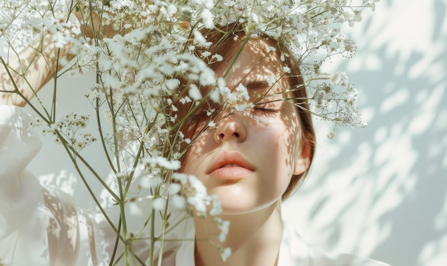 Photo woman with flowers covering her face in bright light