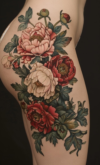 Photo a woman with flowers on her arm and a tattoo of peonies