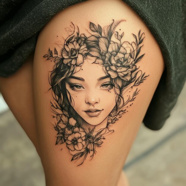 Photo a woman with flowers on her arm and the word  flower  on the side