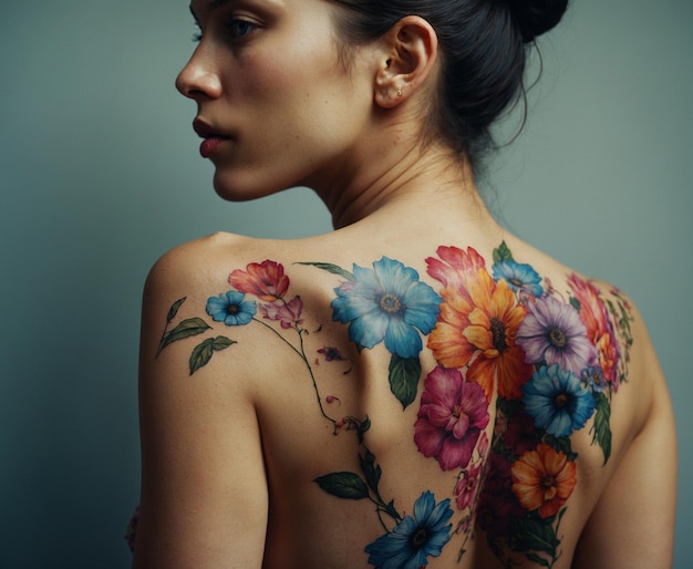 a woman with flowers on her back has a tattoo of flowers on her back