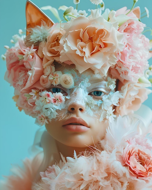 A woman with flowers on her face and a cat mask on her face and a feather skirt on her head a