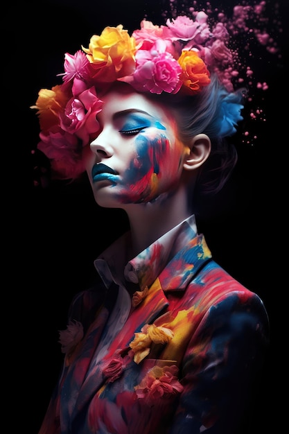 A woman with flowers on her face is covered in paint.