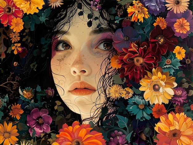 a woman with flowers on her face is surrounded by flowers