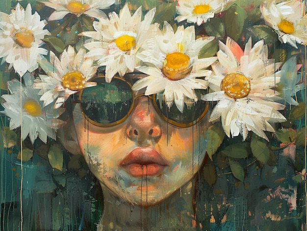 a woman with flowers on her face is wearing a sun glasses