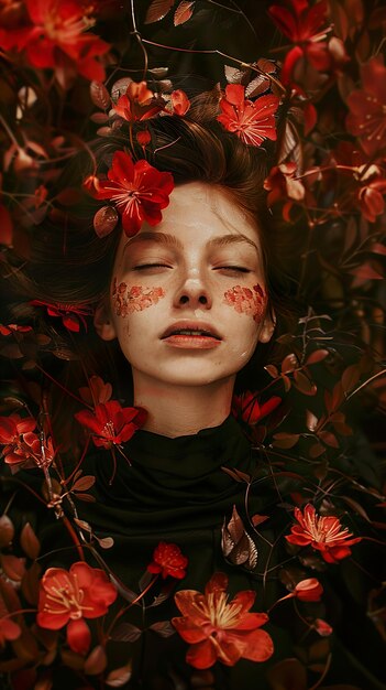 Photo a woman with flowers on her face and the word  wild  on it