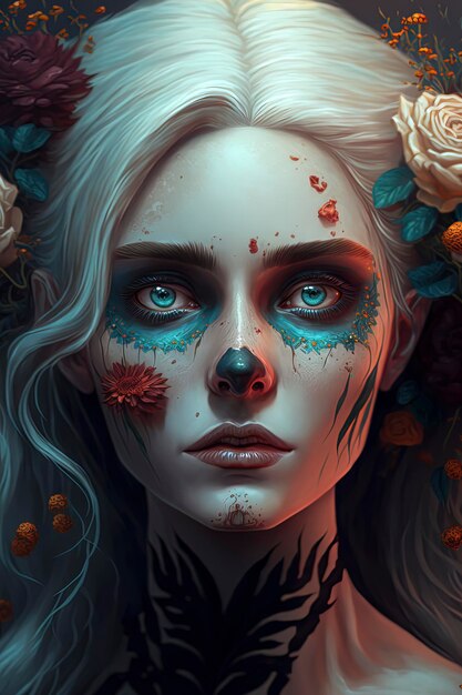 Woman with flowers in her hair and day of the dead makeup AIGenerated