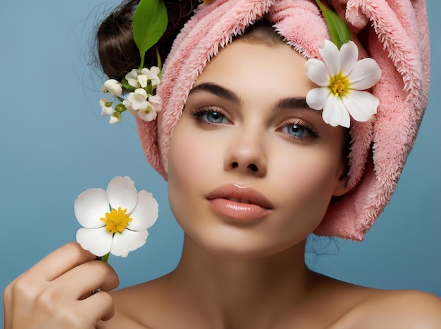 a woman with flowers in her hair is holding a flower in her hand