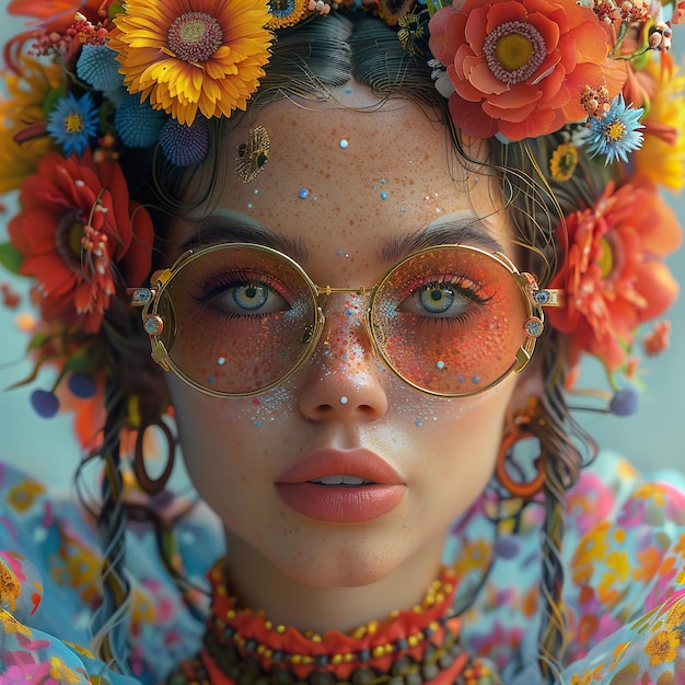 a woman with flowers on her hair and a pair of glasses is wearing a colorful headband