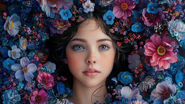 a woman with flowers in her hair and a picture of a woman with blue eyes