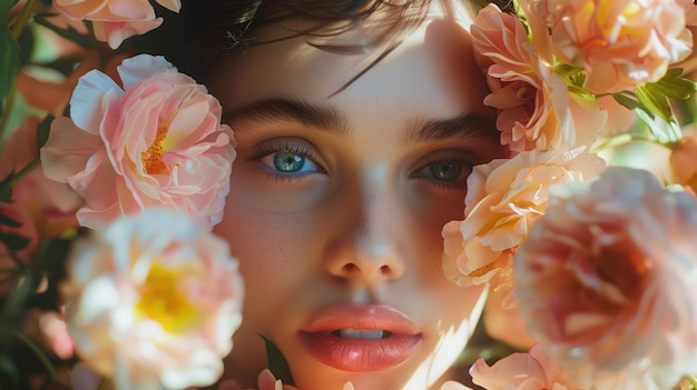 a woman with flowers in her hair and a picture of a woman with blue eyes