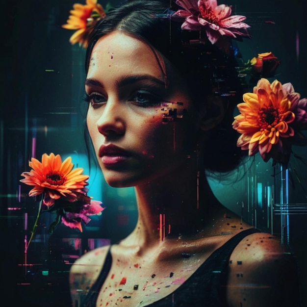 a woman with flowers in her hair and a picture of a woman with flowers in her hair