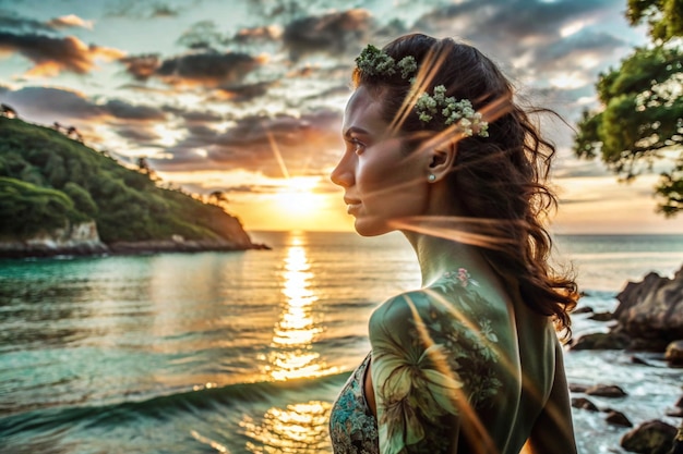 a woman with flowers on her hair stands in front of a sunset