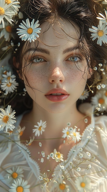 a woman with flowers in her hair and the word beauty on her face