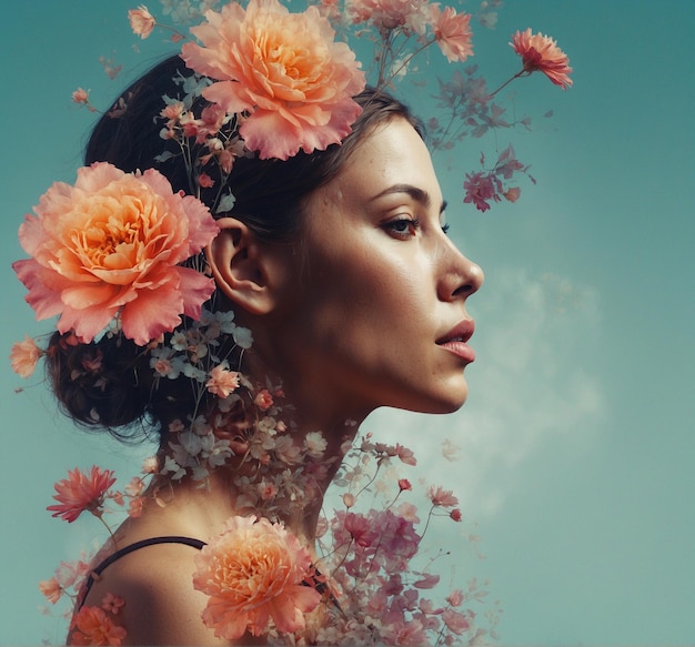 a woman with flowers in her hair and the word  flowers  on her head