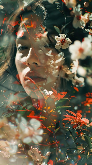 Photo a woman with flowers in her hair and the word  wild  on the bottom