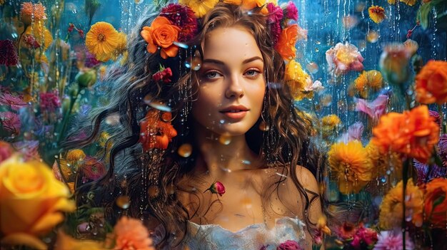 woman with flowers in her hairs girl with long flowing hair adorned with a crown of flowers