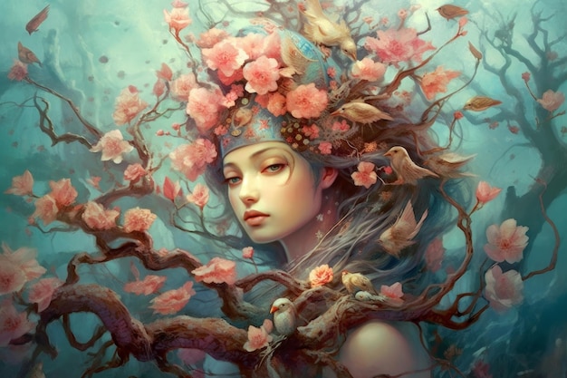 A woman with flowers on her head and a blue headband is surrounded by flowers.