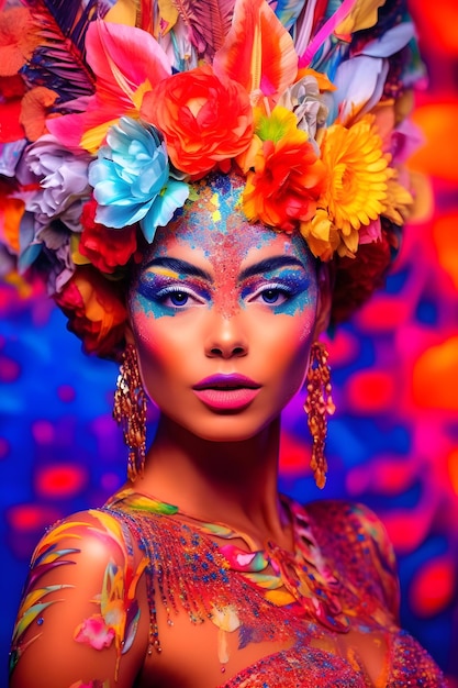 A woman with flowers on her head and a colorful dress