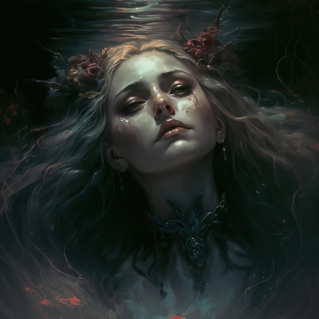 A woman with flowers on her head is floating in the water.