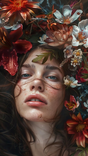 a woman with flowers on her head is surrounded by flowers