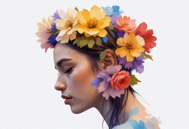 a woman with flowers on her head is wearing a flower crown