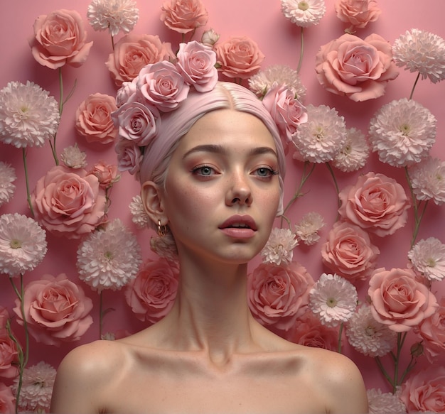 a woman with flowers on her head and the word she is