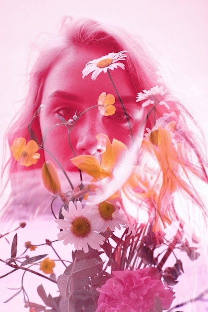 Woman with flowers inside, double exposure. Blonde girl in lingerie on crimson background, dreamy mysterious look. Wildflowers on a background of women with a double exposure on a light background