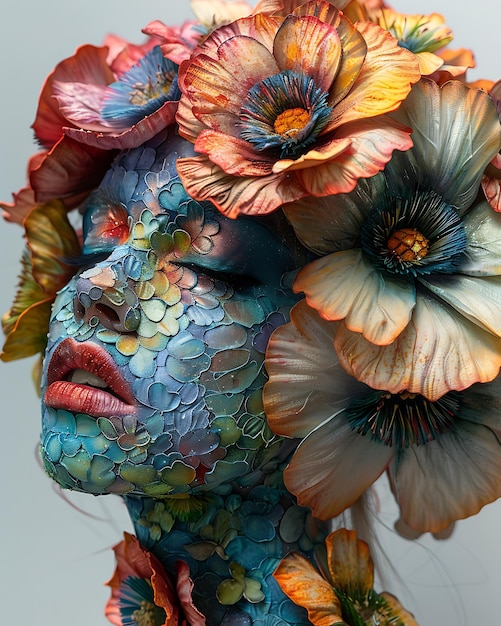 a woman with flowers and leaves on her face is covered in flowers