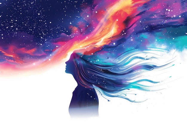 Woman with flowing hair blending into a cosmic scene with vibrant and colorful galaxies