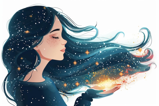 Woman with Flowing Hair and Golden Sparkles in Night Sky