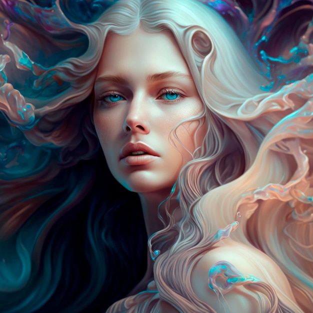 Woman with Flowing Hair and Intricate Details Rendered in Elegant Pastel Colours and Mesmerizing Rococo Fractals