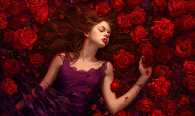 Photo of woman with flowing hair and a serene expression wearing a purple dress surrounded by a sea of deep red roses