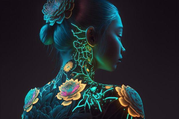 woman with fluorescent tattoos 3d rendering