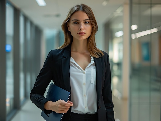 a woman with a folder in her hand and a book in her hand