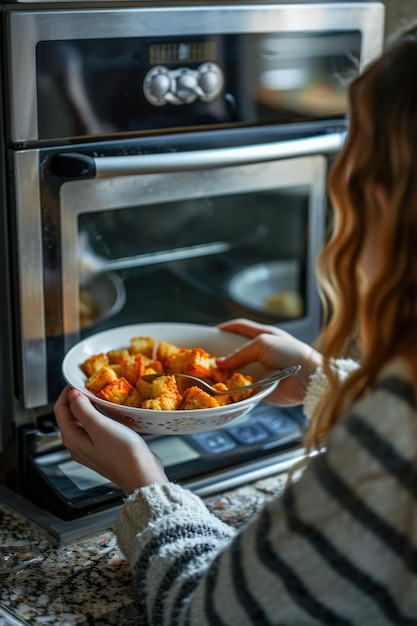 Woman with food in front of oven