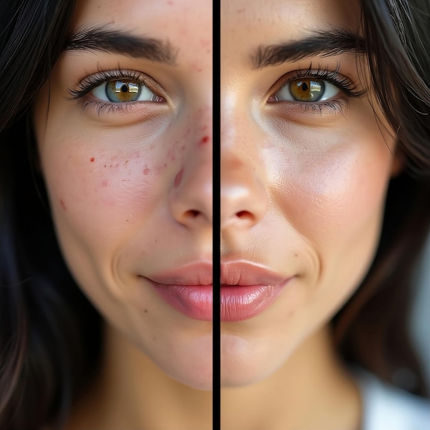 Photo woman with a freckle on her face and the comparison face before and after