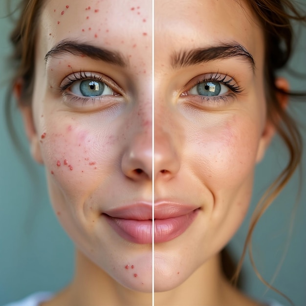 woman with a freckle on her face and comparison Face before and after