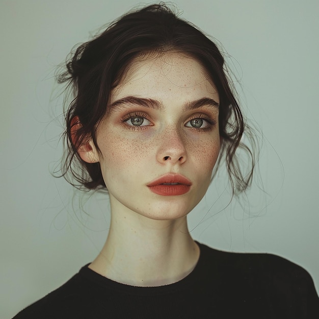 Photo a woman with a freckled eye and a black shirt with a red lip