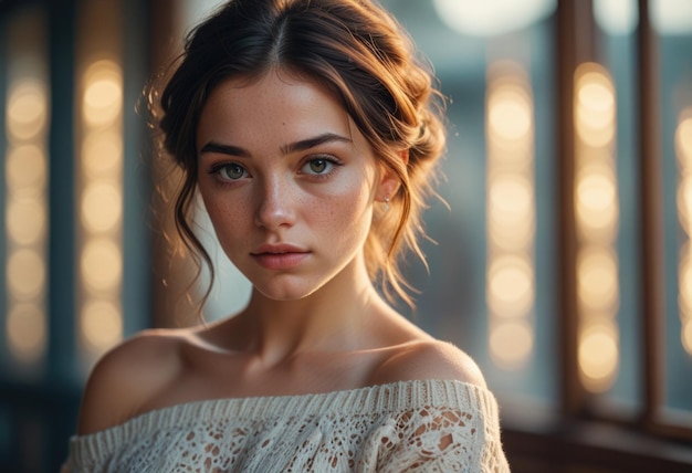 Photo a woman with a freckled face and a freckled eye