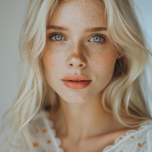 Photo woman with freckled hair and blue eyes