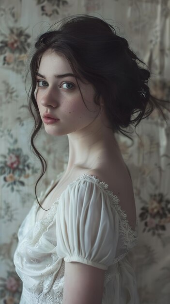 a woman with a freckled hair is standing in front of a floral wallpapered wallpaper