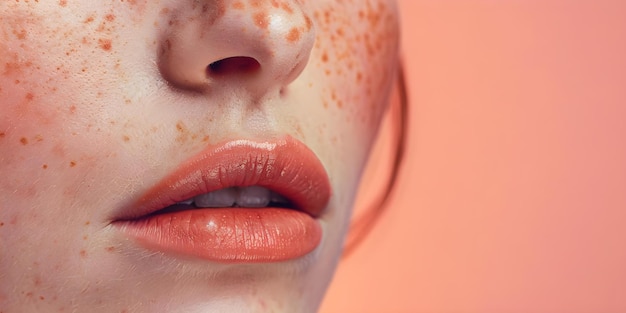 Woman with freckles bites lip using antiaging cosmetics for smooth skin Concept Skincare Routine Antiaging Cosmetics Freckles Lip Biting Woman Portrait