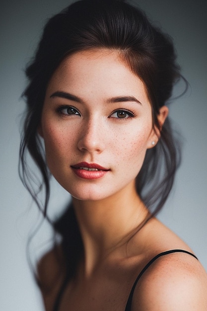 A woman with freckles and a black dress