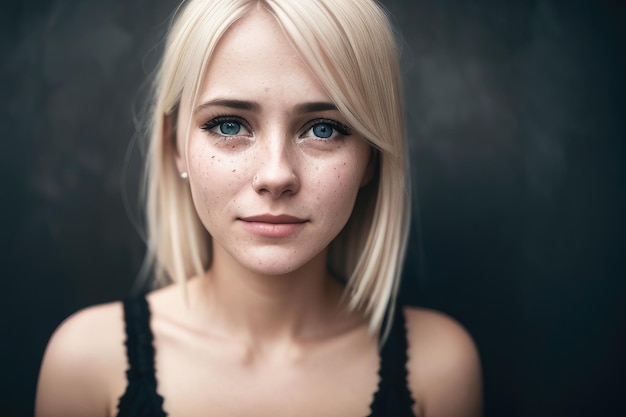 A woman with freckles and blue eyes looks at the camera