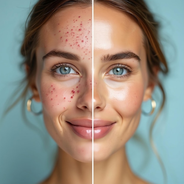 Photo woman with freckles and comparison face before and after