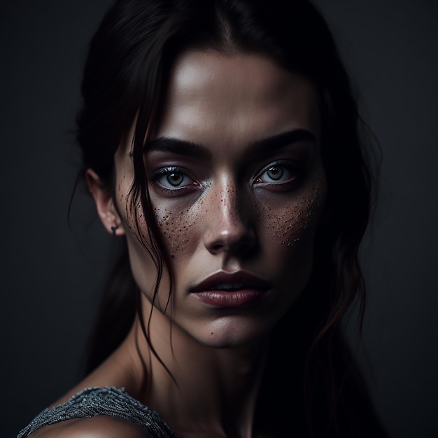 A woman with freckles and a dark background