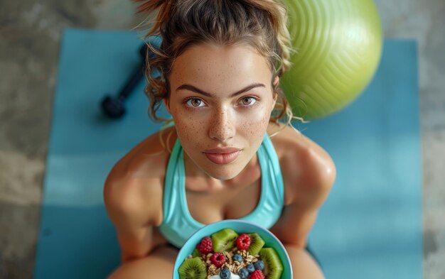 Photo woman with freckles eats healthy breakfast after workout